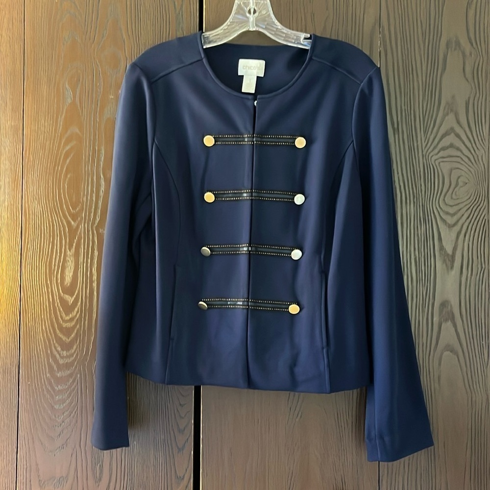 Chico’s navy blue military blazer. Stretch twill with gold buttons. Size Chico 1